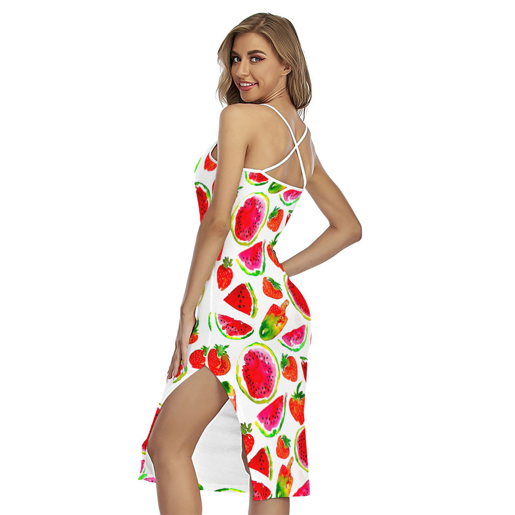 Summer Fruits Watermelon Pattern Print Cross Back Cami Dress