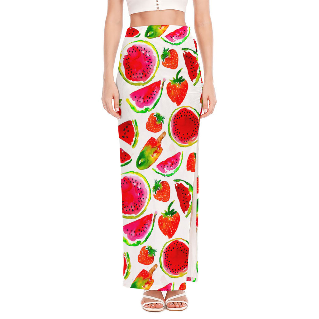 Summer Fruits Watermelon Pattern Print High Slit Maxi Skirt