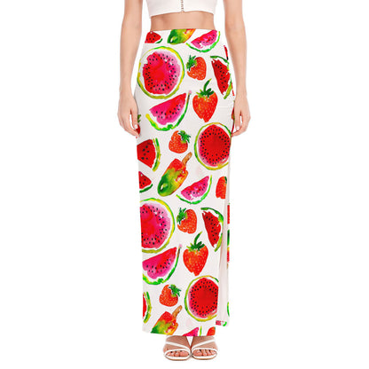 Summer Fruits Watermelon Pattern Print High Slit Maxi Skirt