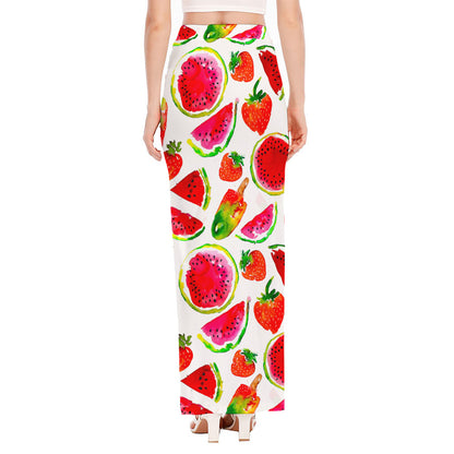 Summer Fruits Watermelon Pattern Print High Slit Maxi Skirt