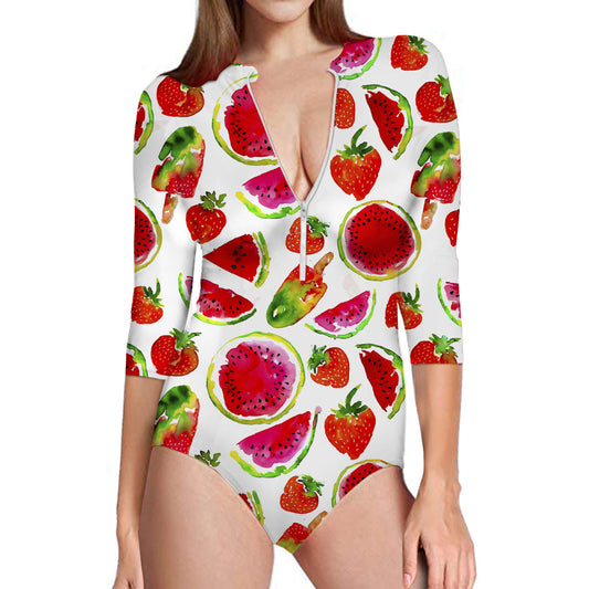Summer Fruits Watermelon Pattern Print Long Sleeve Swimsuit