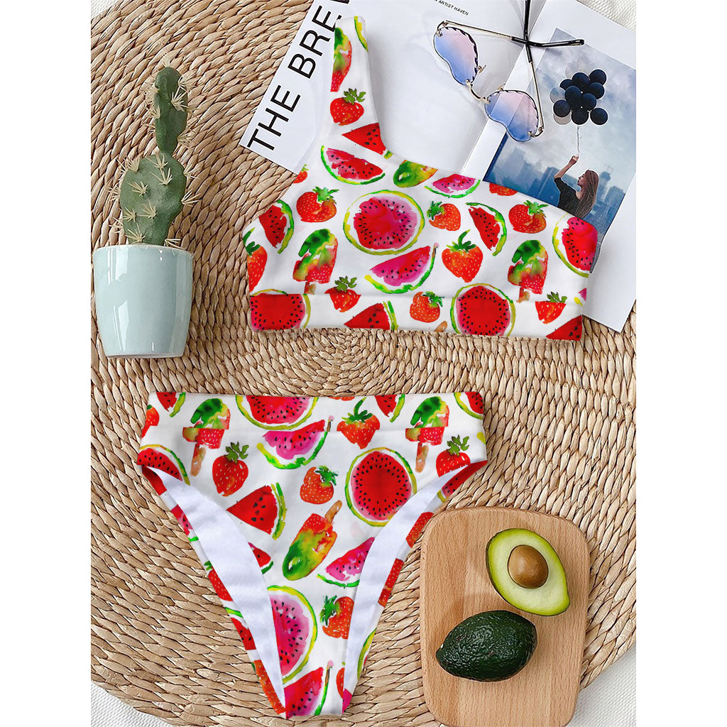 Summer Fruits Watermelon Pattern Print One Shoulder Bikini Top