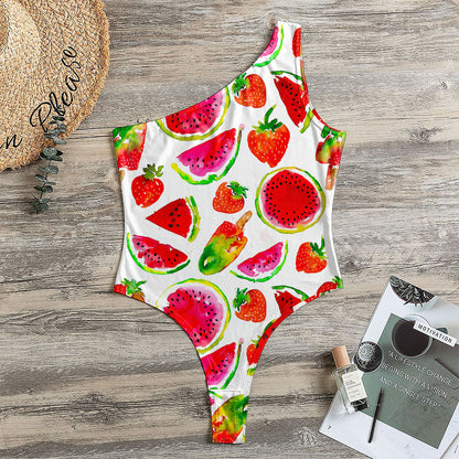 Summer Fruits Watermelon Pattern Print One Shoulder Bodysuit