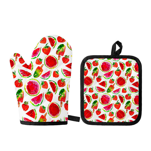 Summer Fruits Watermelon Pattern Print Oven Mitt And Pot Holder Set