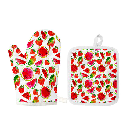 Summer Fruits Watermelon Pattern Print Oven Mitt And Pot Holder Set