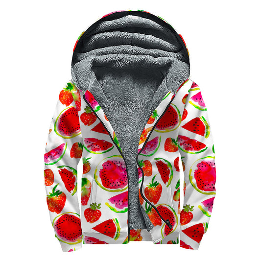 Summer Fruits Watermelon Pattern Print Sherpa Lined Zip Up Hoodie
