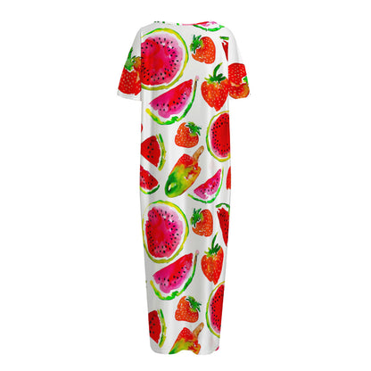 Summer Fruits Watermelon Pattern Print Short Sleeve Long Nightdress