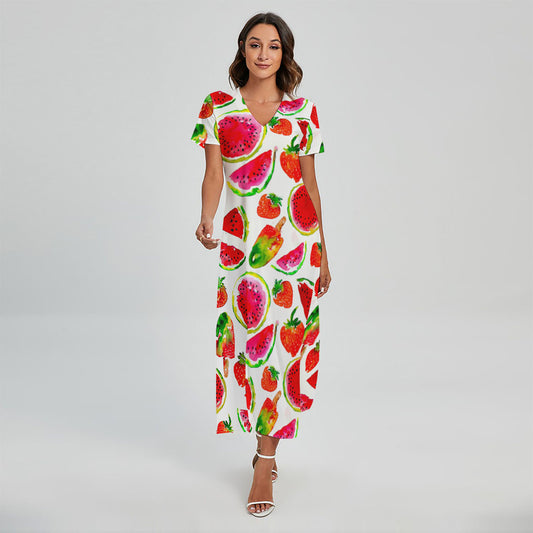 Summer Fruits Watermelon Pattern Print Short Sleeve Maxi Dress