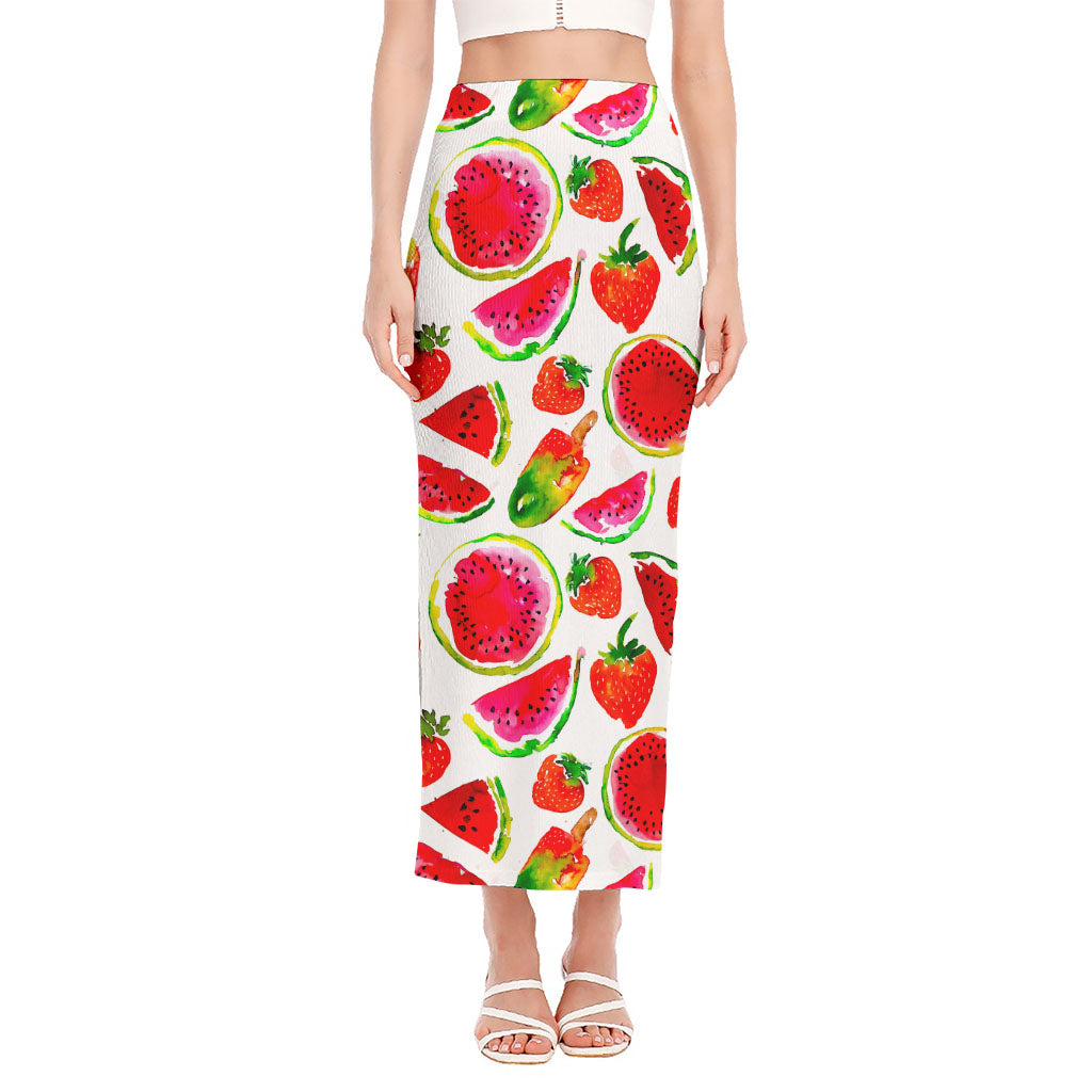 Summer Fruits Watermelon Pattern Print Side Slit Maxi Skirt