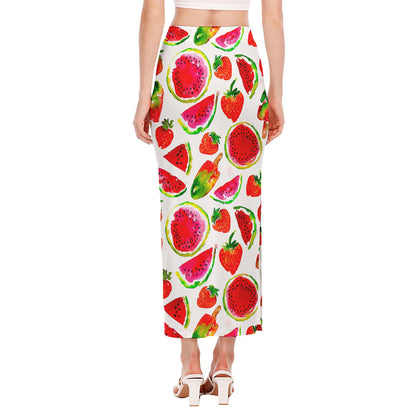 Summer Fruits Watermelon Pattern Print Side Slit Maxi Skirt