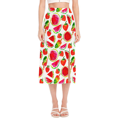 Summer Fruits Watermelon Pattern Print Side Slit Midi Skirt