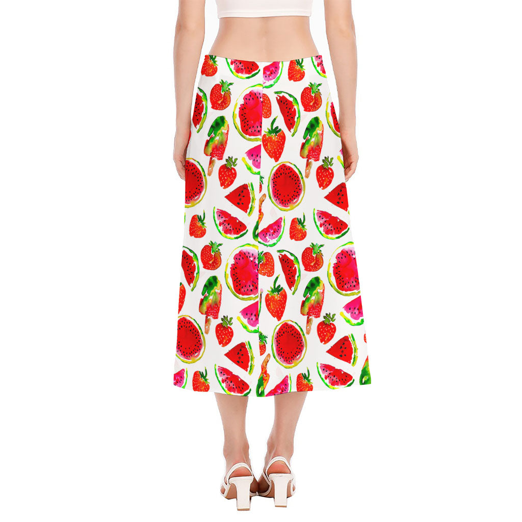 Summer Fruits Watermelon Pattern Print Side Slit Midi Skirt