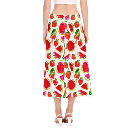 Summer Fruits Watermelon Pattern Print Side Slit Midi Skirt