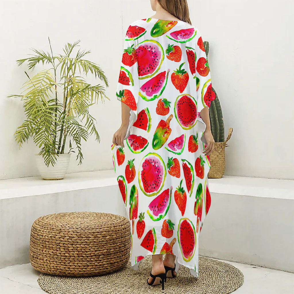 Summer Fruits Watermelon Pattern Print Silk V-Neck Kaftan Dress
