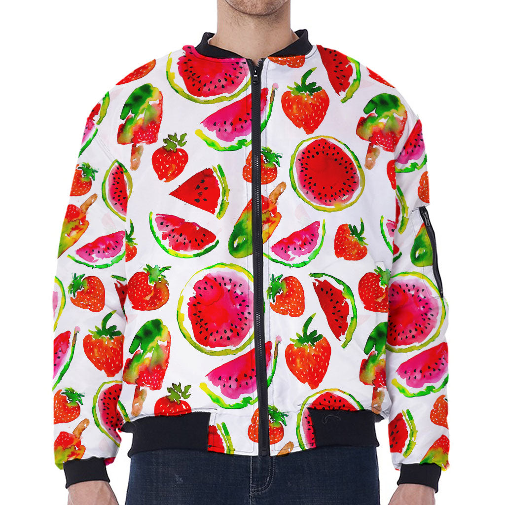 Summer Fruits Watermelon Pattern Print Zip Sleeve Bomber Jacket