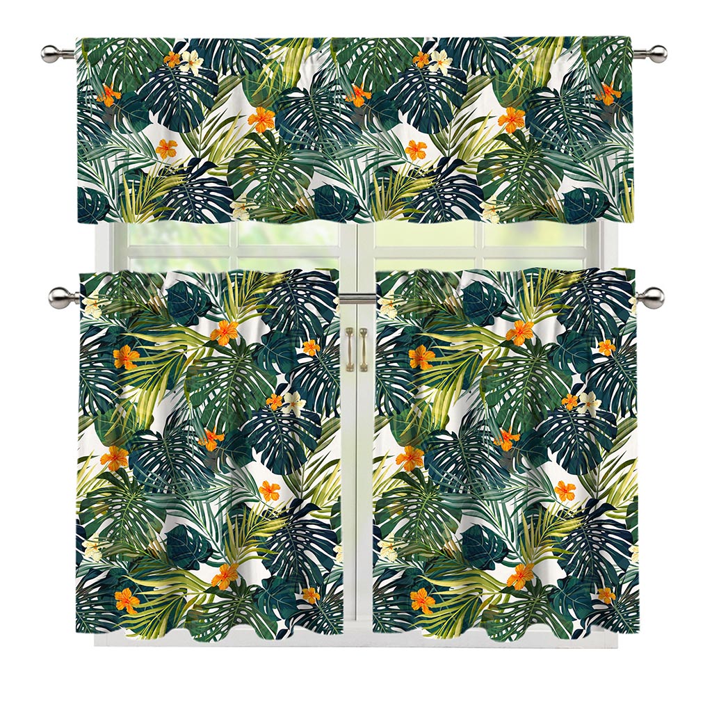 Summer Hawaiian Leaves Pattern Print 3 Piece Kitchen Curtains
