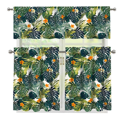 Summer Hawaiian Leaves Pattern Print 3 Piece Kitchen Curtains