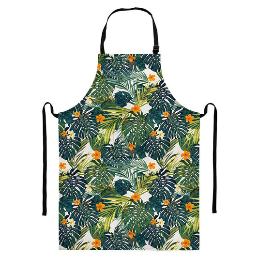 Summer Hawaiian Leaves Pattern Print Bib Apron With Pocket