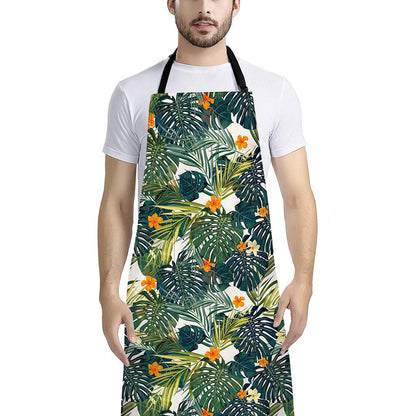 Summer Hawaiian Leaves Pattern Print Bib Apron With Pocket