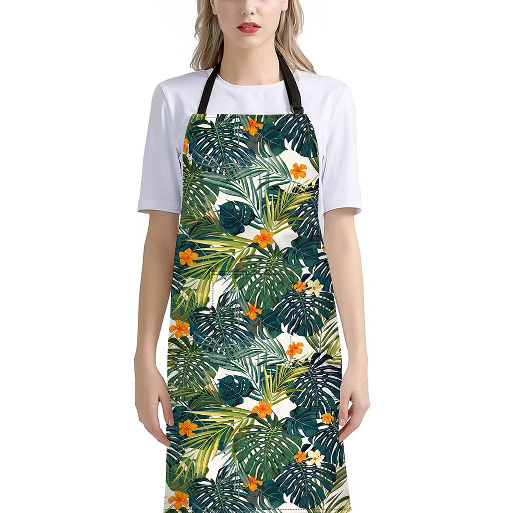 Summer Hawaiian Leaves Pattern Print Bib Apron With Pocket