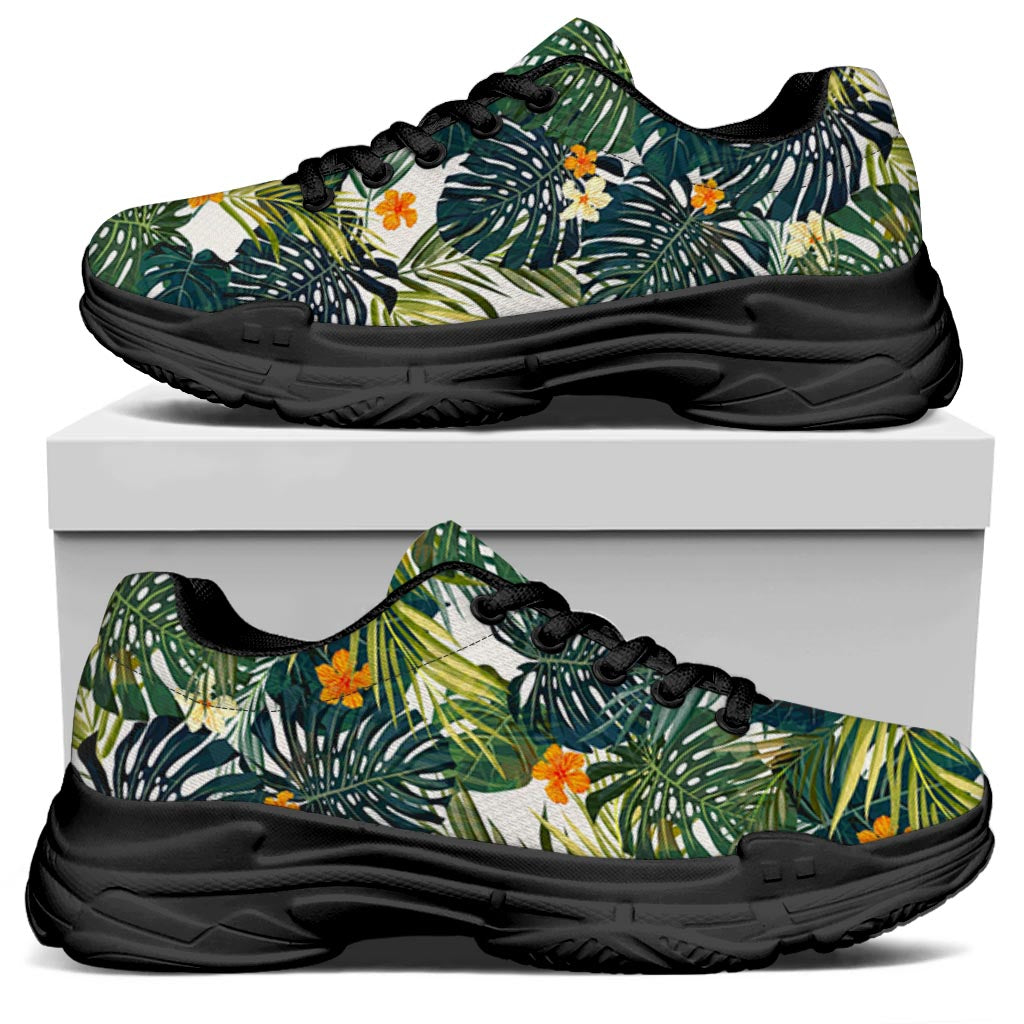 Summer Hawaiian Leaves Pattern Print Black Chunky Shoes