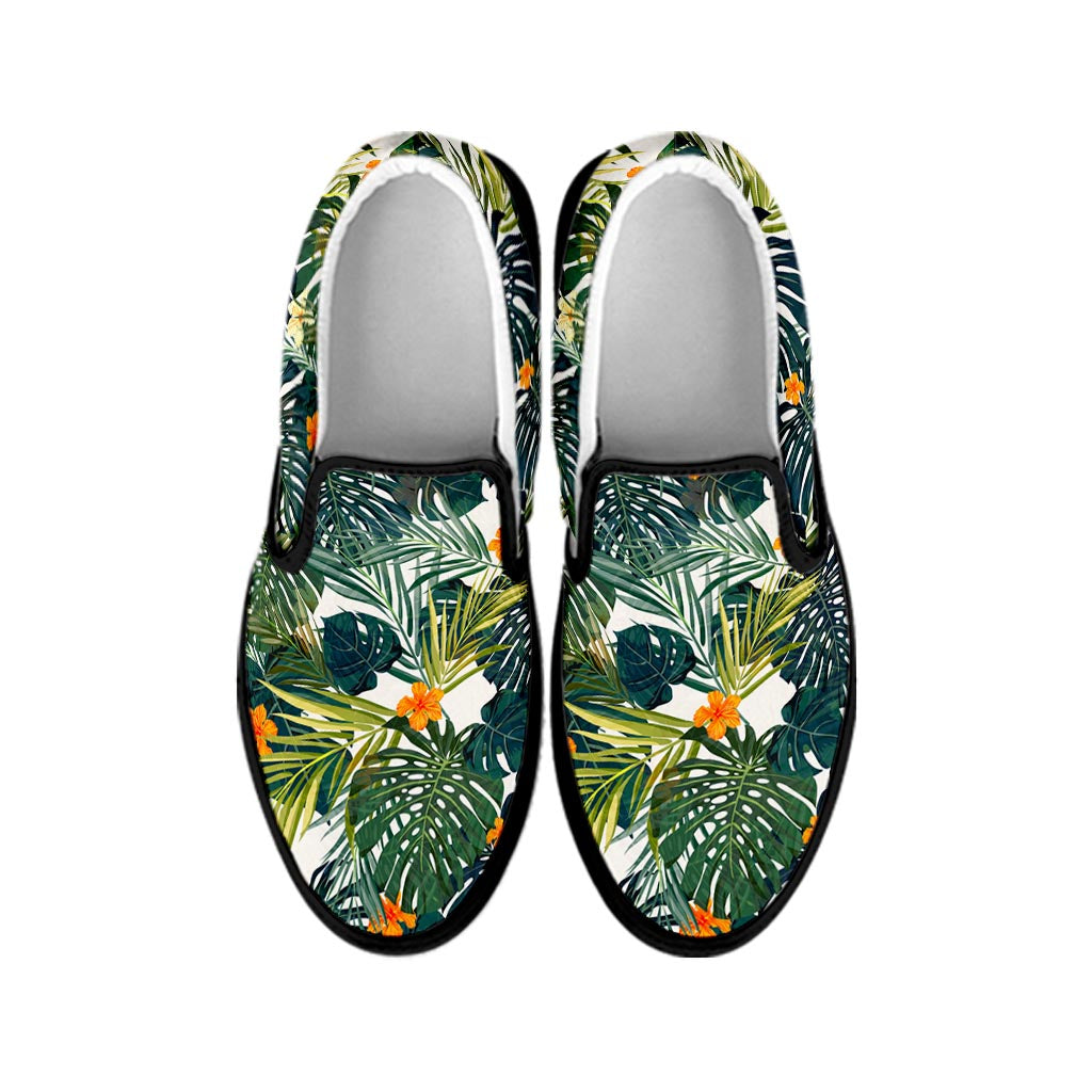 Summer Hawaiian Leaves Pattern Print Black Slip On Sneakers