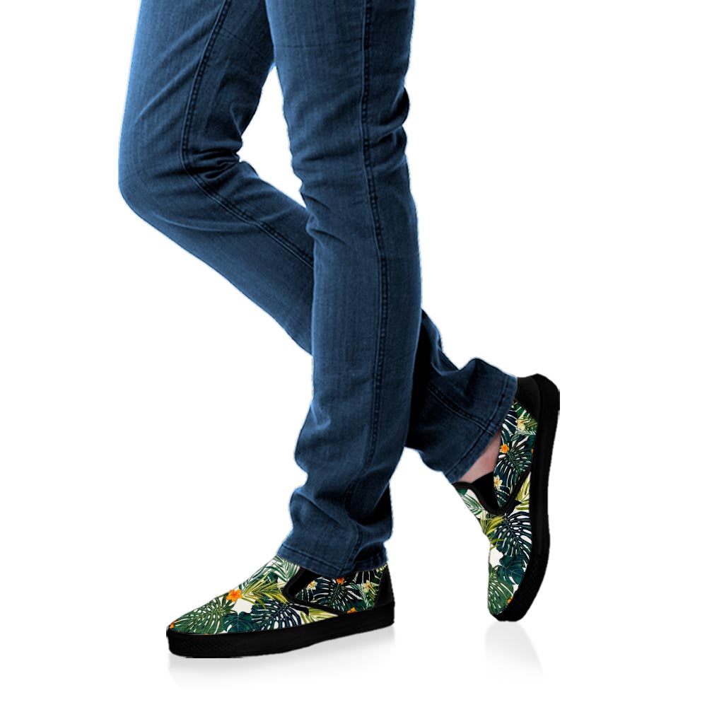 Summer Hawaiian Leaves Pattern Print Black Slip On Sneakers