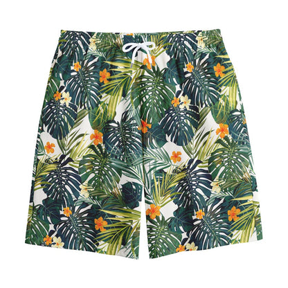 Summer Hawaiian Leaves Pattern Print Cotton Shorts