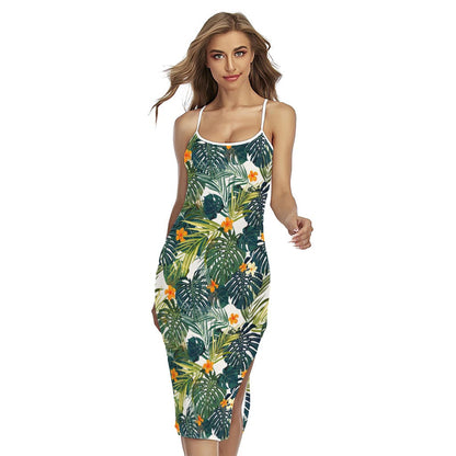 Summer Hawaiian Leaves Pattern Print Cross Back Cami Dress
