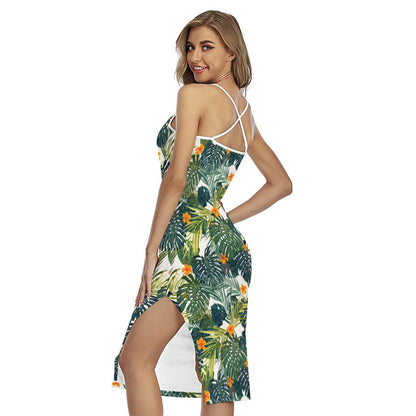 Summer Hawaiian Leaves Pattern Print Cross Back Cami Dress