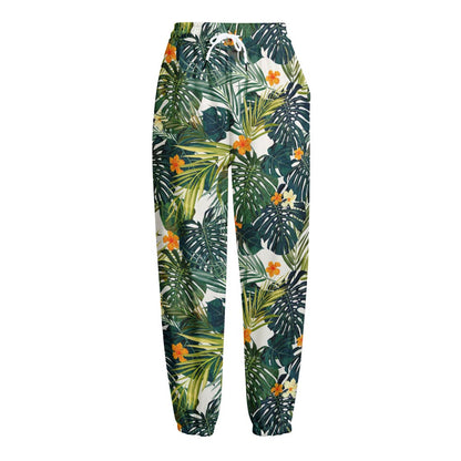 Summer Hawaiian Leaves Pattern Print Fleece Lined Knit Pants