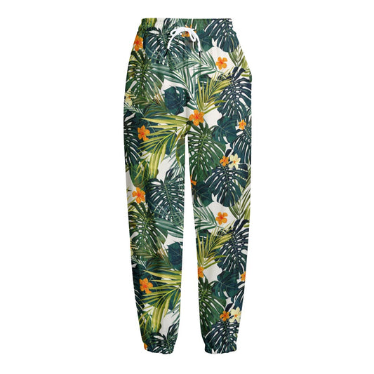 Summer Hawaiian Leaves Pattern Print Fleece Lined Knit Pants