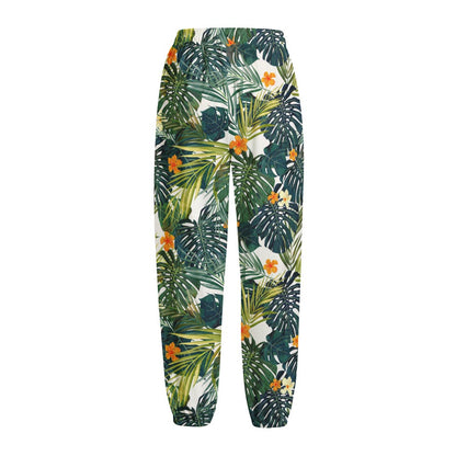 Summer Hawaiian Leaves Pattern Print Fleece Lined Knit Pants