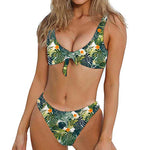Summer Hawaiian Leaves Pattern Print Front Bow Tie Bikini