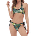 Summer Hawaiian Leaves Pattern Print Halter Scoop Tie Side Bikini