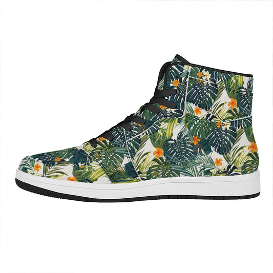 Summer Hawaiian Leaves Pattern Print High Top Leather Sneakers