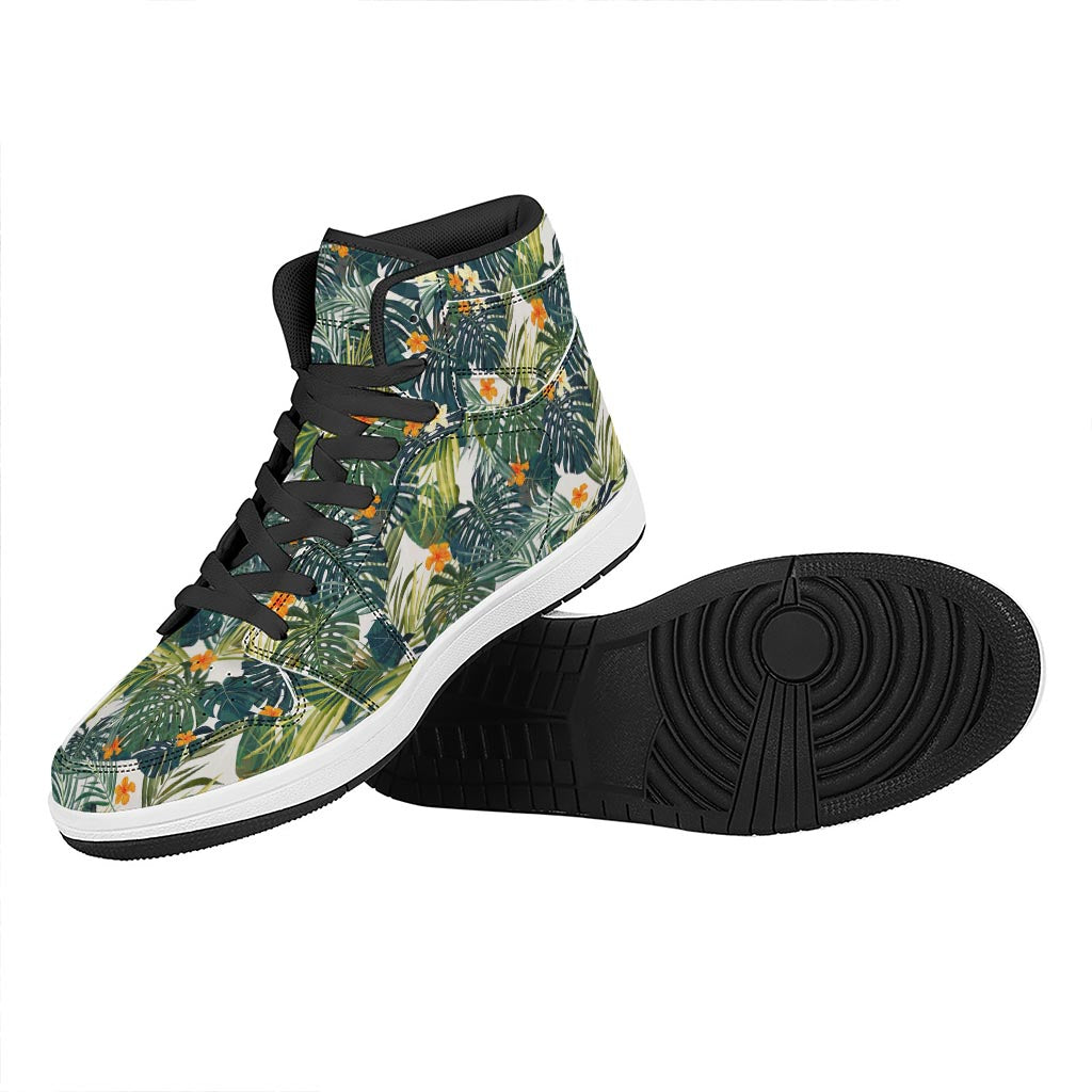 Summer Hawaiian Leaves Pattern Print High Top Leather Sneakers