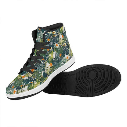 Summer Hawaiian Leaves Pattern Print High Top Leather Sneakers