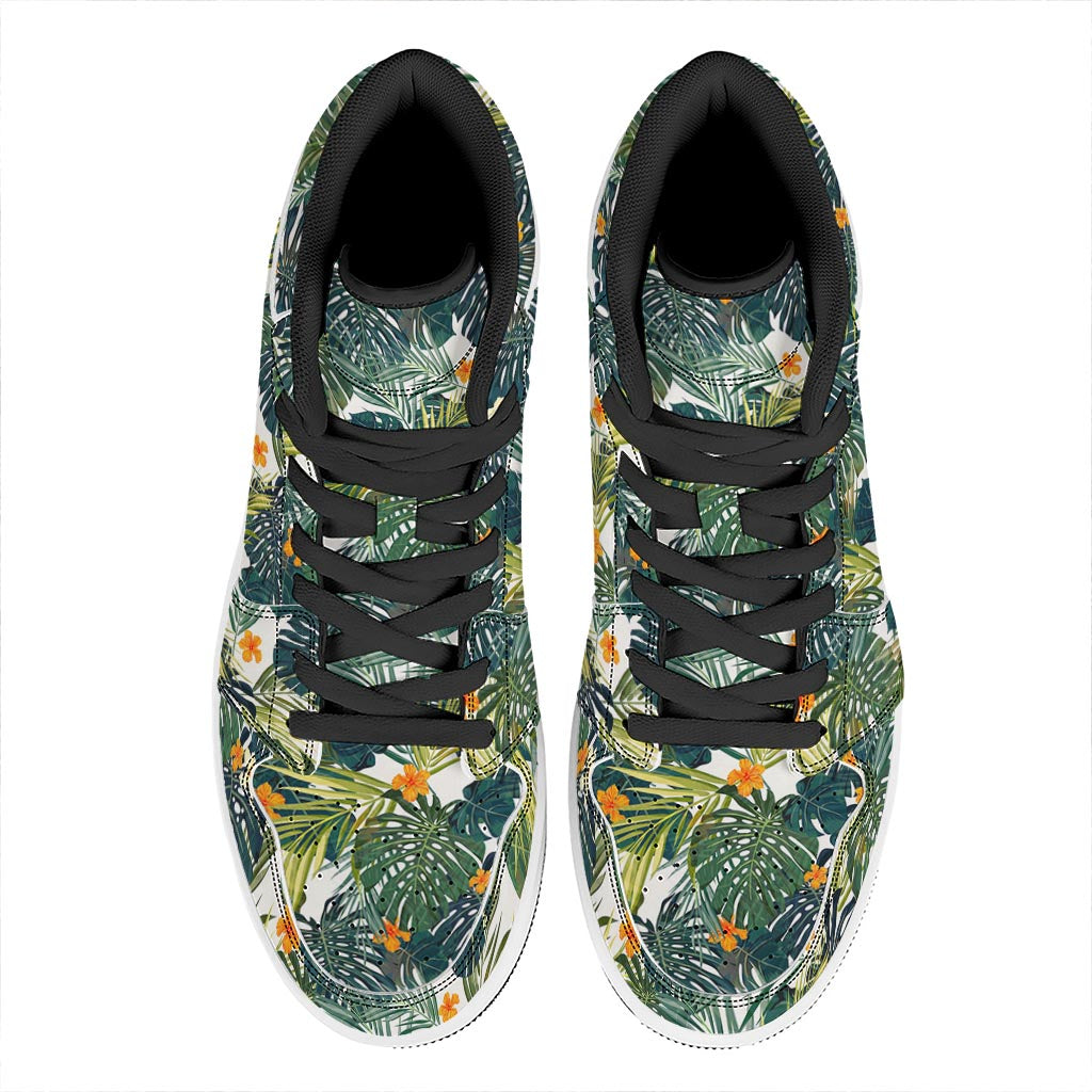 Summer Hawaiian Leaves Pattern Print High Top Leather Sneakers