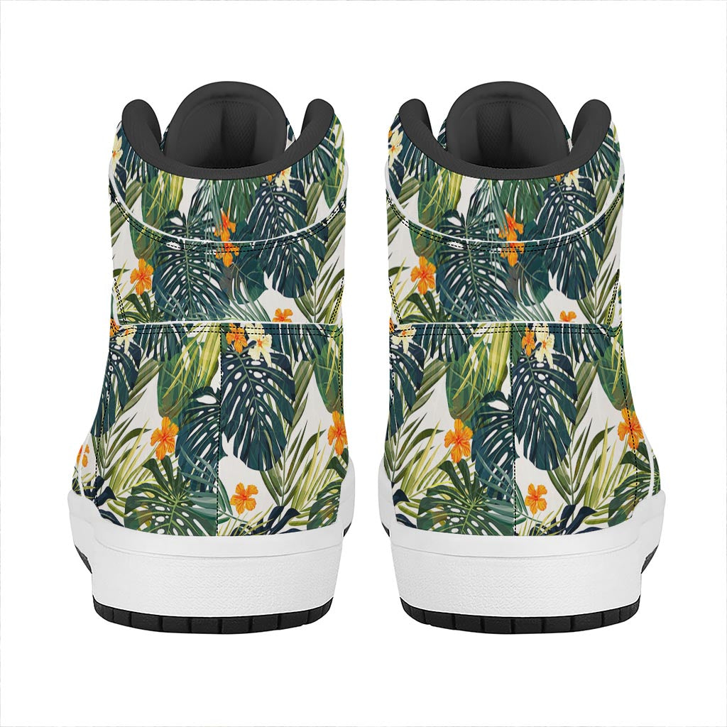 Summer Hawaiian Leaves Pattern Print High Top Leather Sneakers