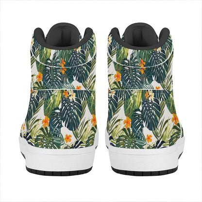 Summer Hawaiian Leaves Pattern Print High Top Leather Sneakers