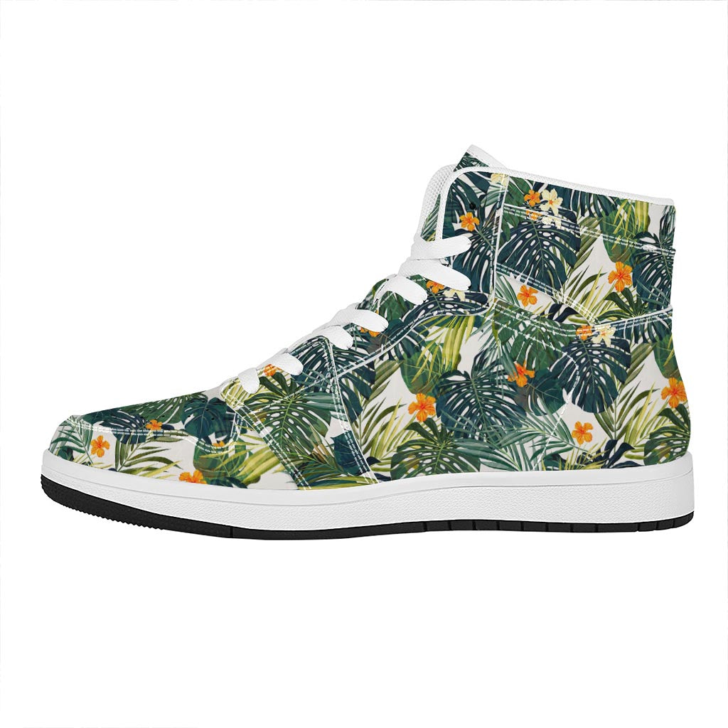 Summer Hawaiian Leaves Pattern Print High Top Leather Sneakers