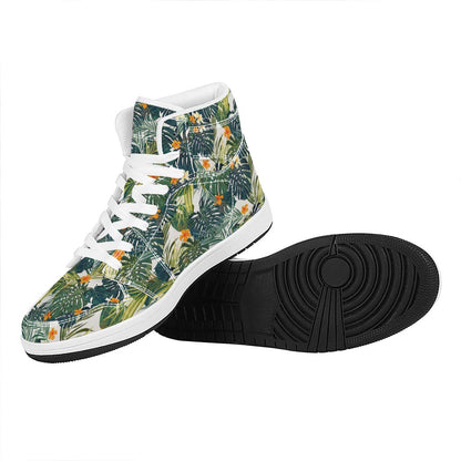Summer Hawaiian Leaves Pattern Print High Top Leather Sneakers