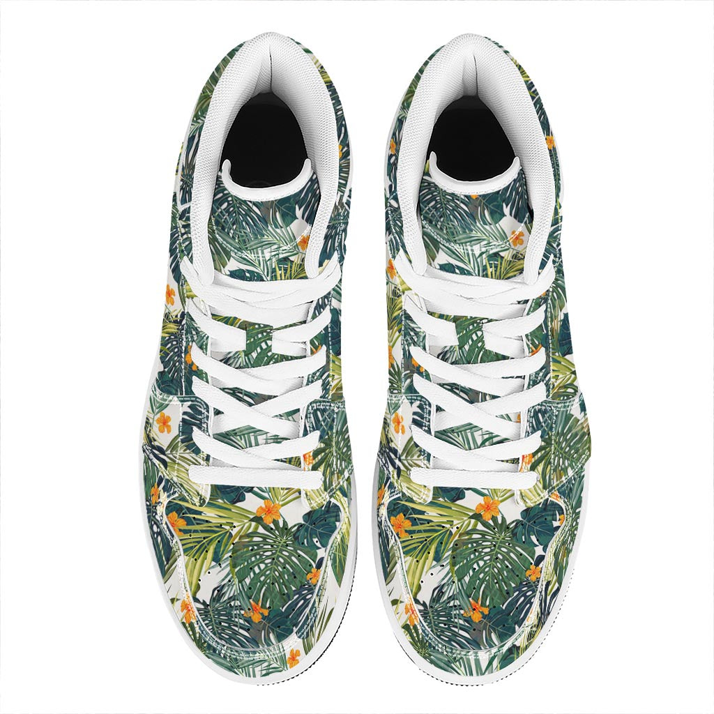 Summer Hawaiian Leaves Pattern Print High Top Leather Sneakers
