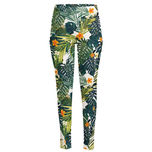 Summer Hawaiian Leaves Pattern Print High-Waisted Pocket Leggings