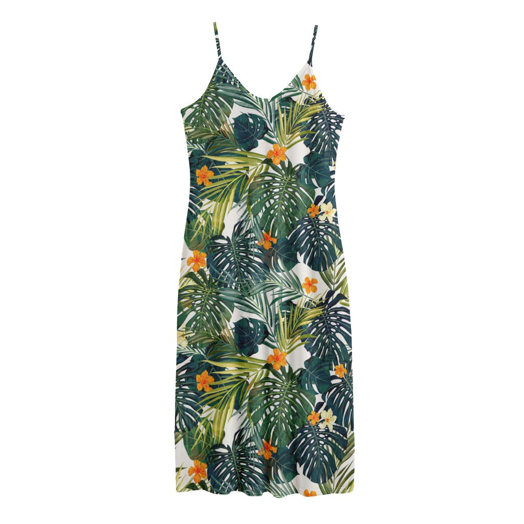 Summer Hawaiian Leaves Pattern Print Jersey Midi Cami Dress