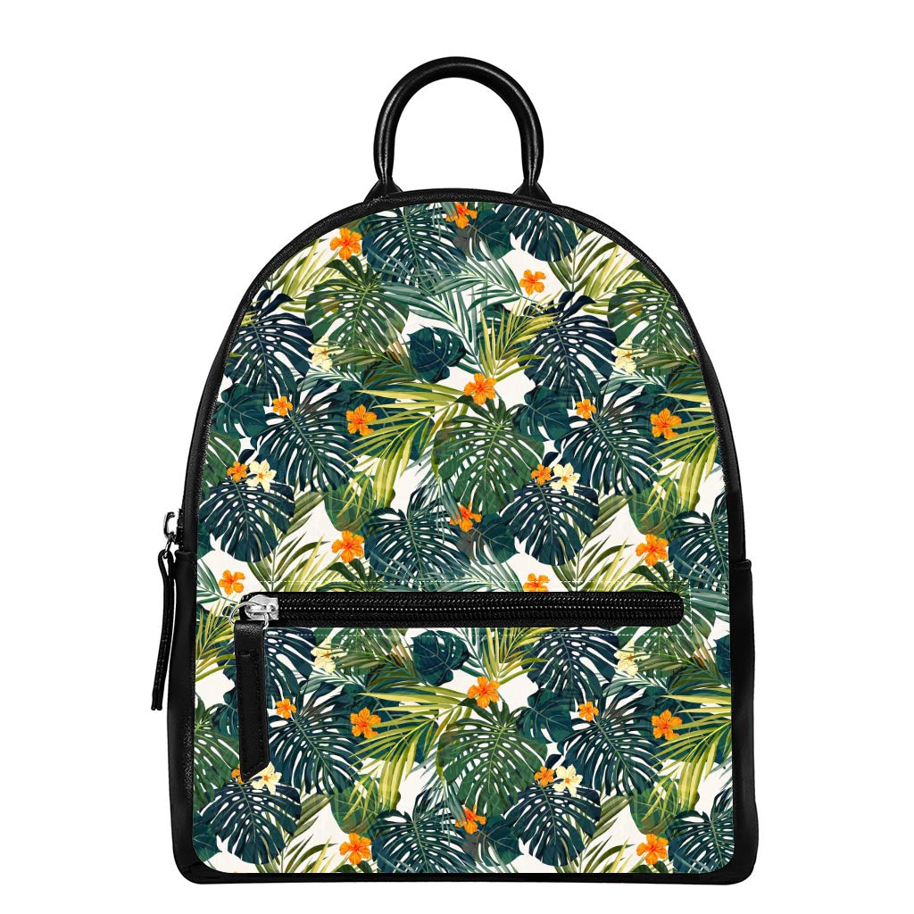 Summer Hawaiian Leaves Pattern Print Leather Backpack