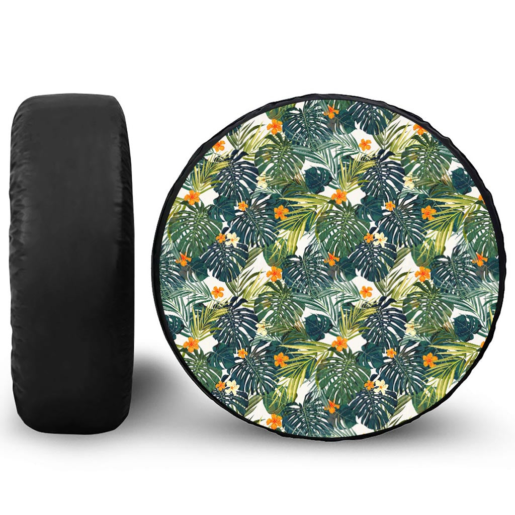 Summer Hawaiian Leaves Pattern Print Leather Spare Tire Cover