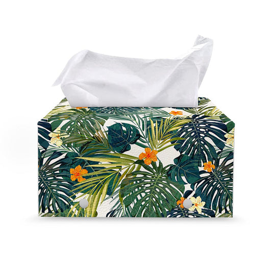Summer Hawaiian Leaves Pattern Print Leather Tissue Box Cover