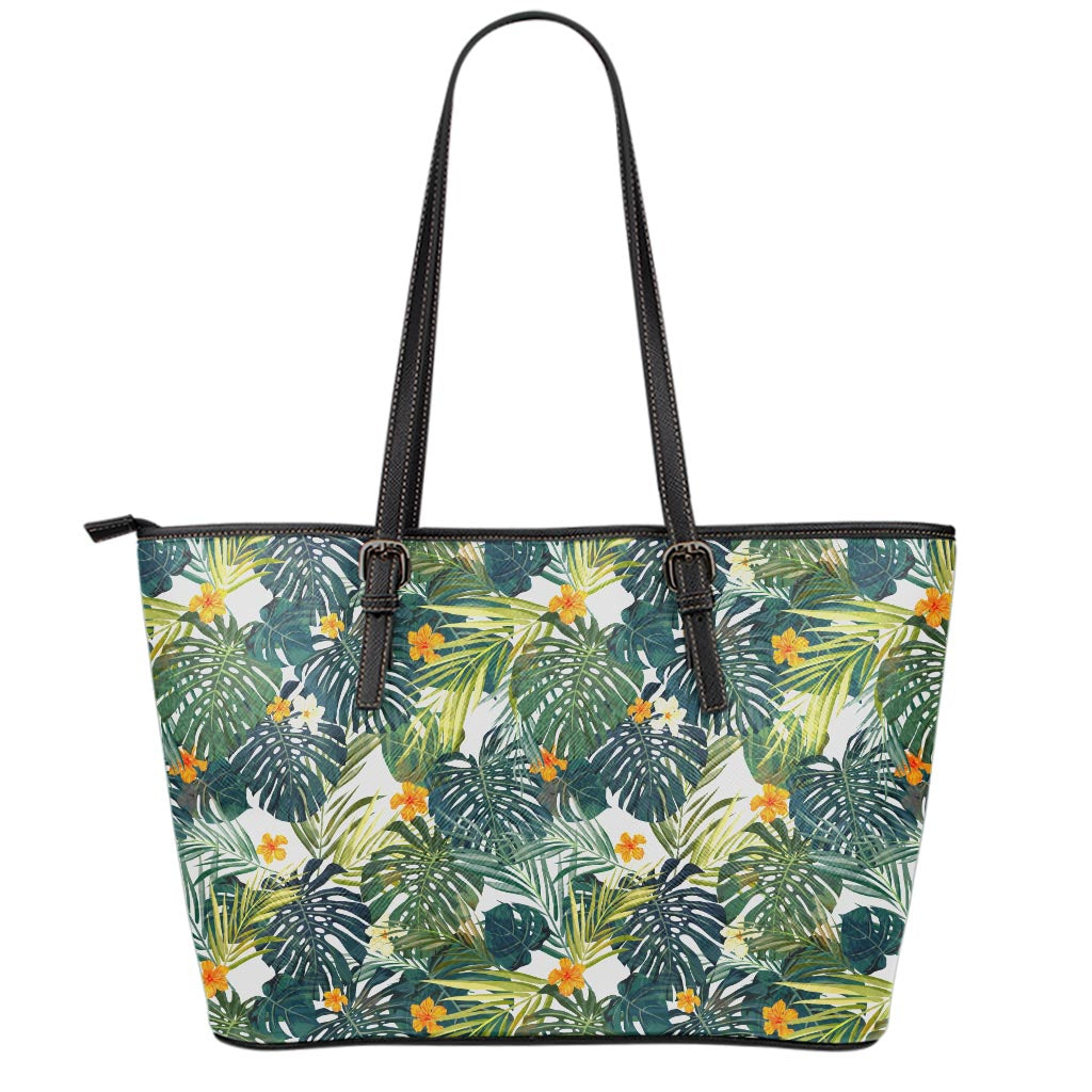 Summer Hawaiian Leaves Pattern Print Leather Tote Bag